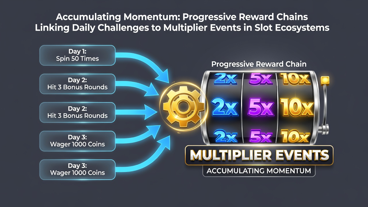 Slot game interface showing progressive reward chains and daily challenge progress bars