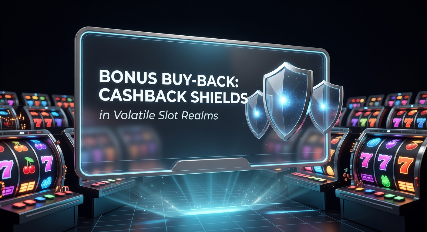 Dynamic graphic showing cashback shields enveloping volatile slot reels amid exploding bonus symbols and jackpot trails