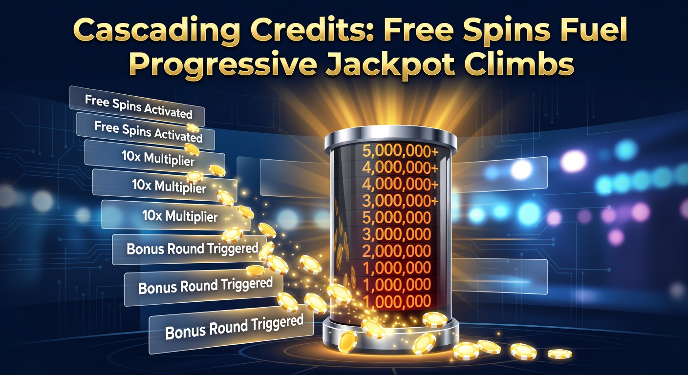 Vibrant slot reels cascading with credits and free spins icons building toward a glowing progressive jackpot meter