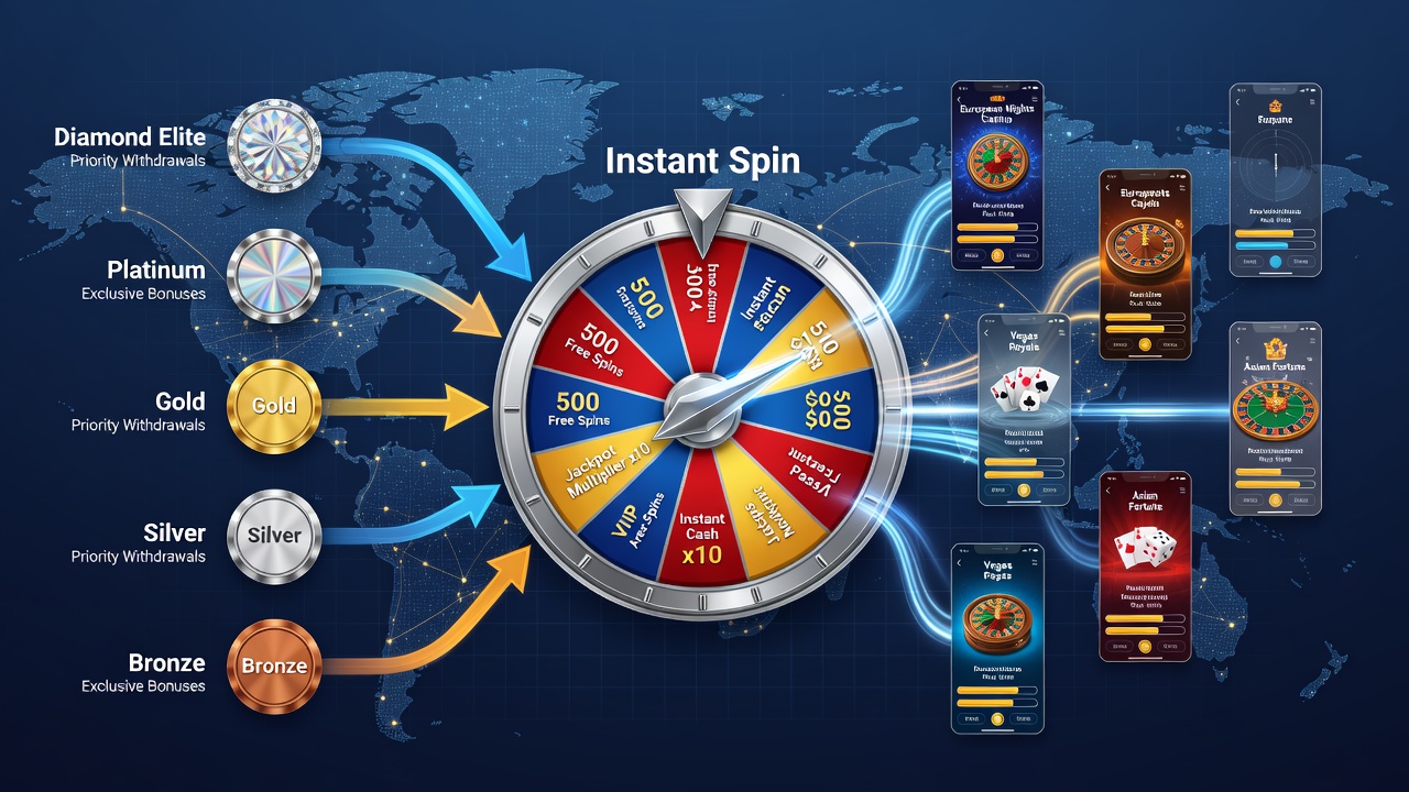 Global map overlay on casino loyalty dashboard illustrating tier-based instant spin rewards across different countries