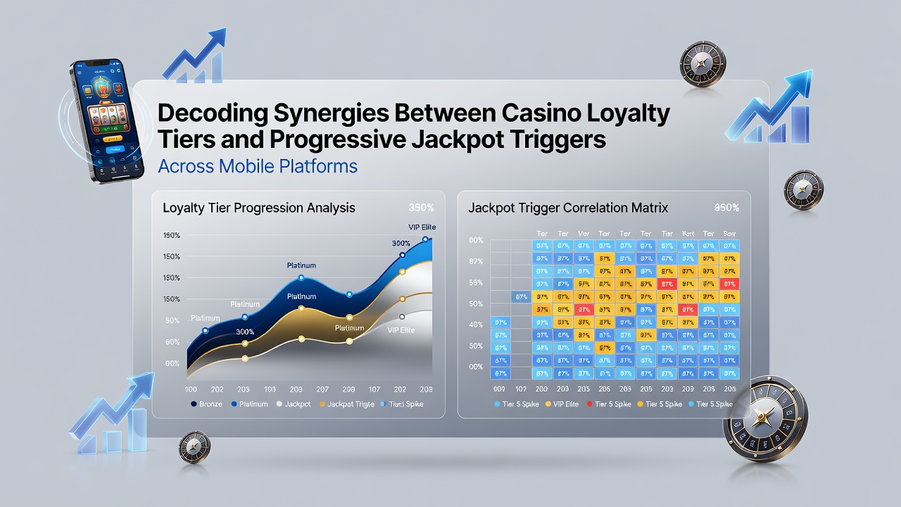 Analytics dashboard on a tablet showing loyalty tier upgrades correlating with progressive jackpot trigger events across multiple mobile sessions