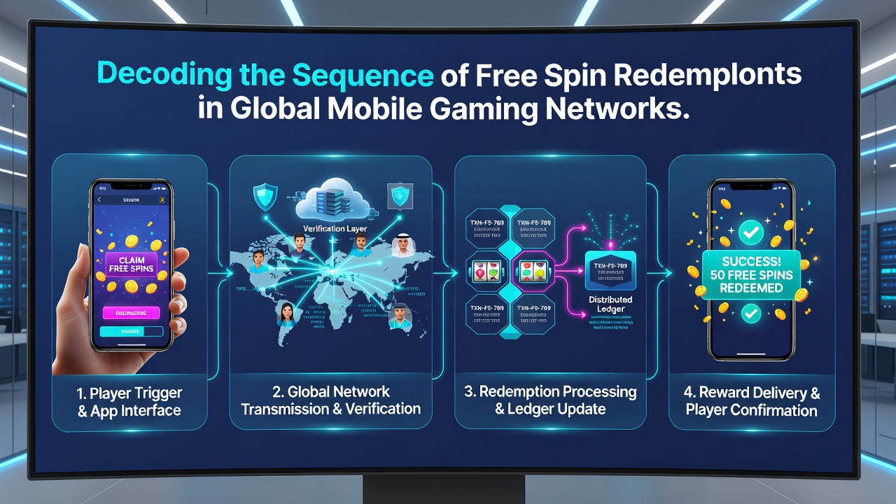 Illustration of sequential free spin redemption flow in mobile casino applications