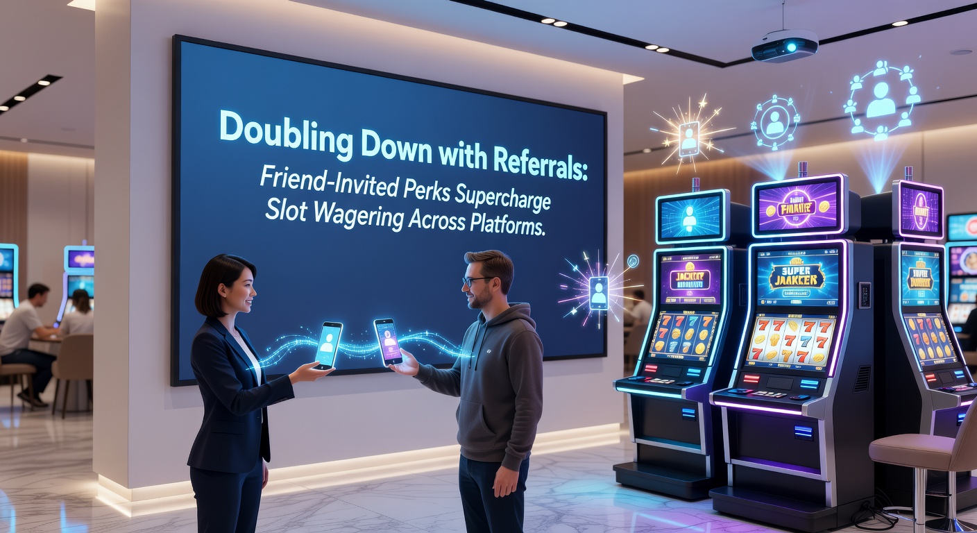 Vibrant slot machine reels spinning with referral icons and friend network graphics overlayed, illustrating boosted wagering through invites