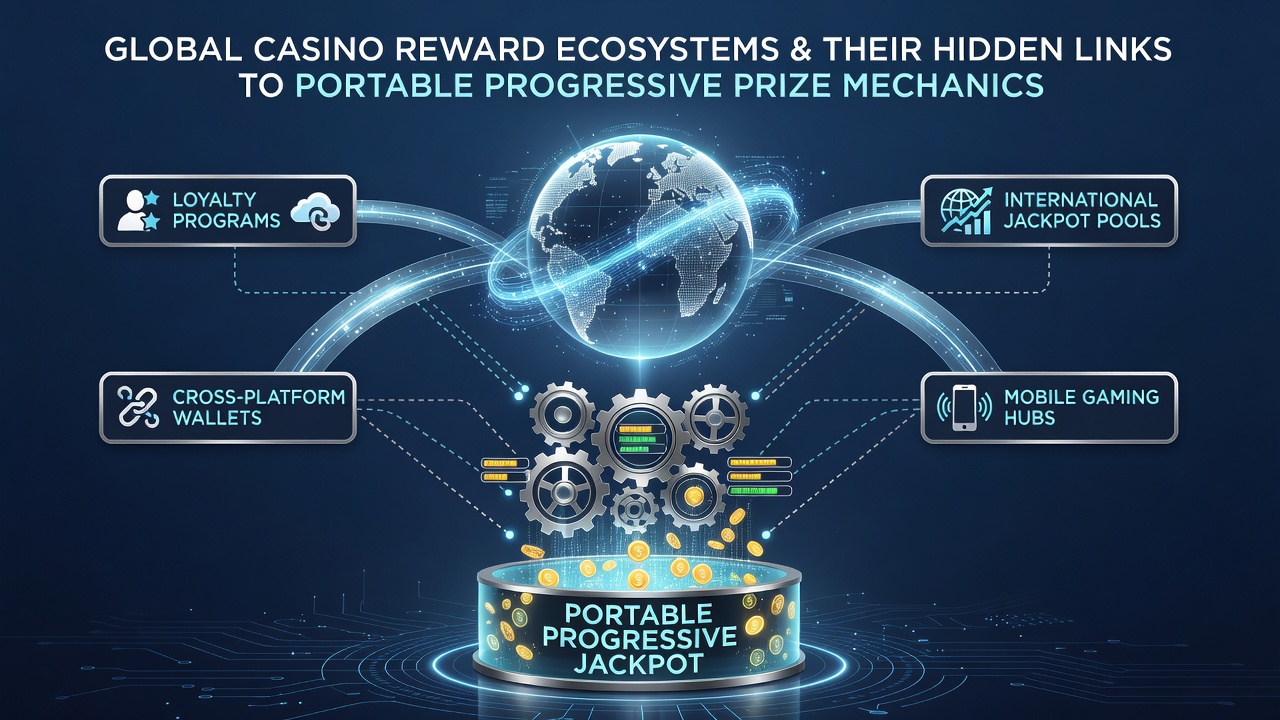 Illustration of portable progressive prize mechanics linking mobile devices to global casino reward networks