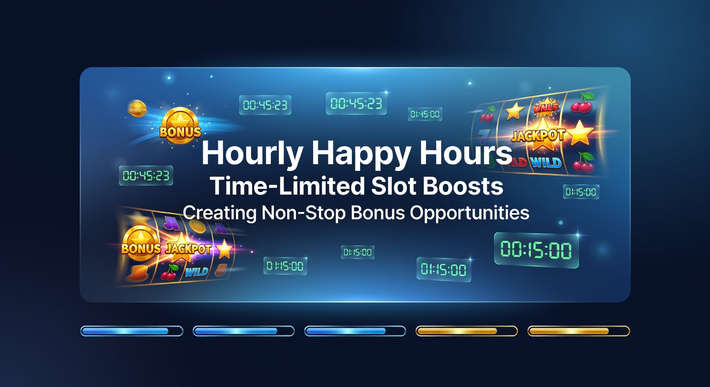 Vibrant slot machine screen displaying hourly happy hour promotions with flashing bonus multipliers and free spins icons during a time-limited boost event
