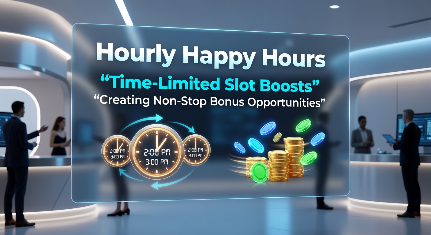 Casino lobby interface showing multiple hourly happy hour timers ticking down, with bonus bars filling for free spins, cash drops, and multiplier activations across various slot titles
