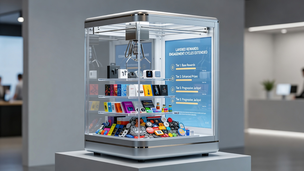 Portable progressive prize machine displaying tiered reward indicators and jackpot progress meters during active play session