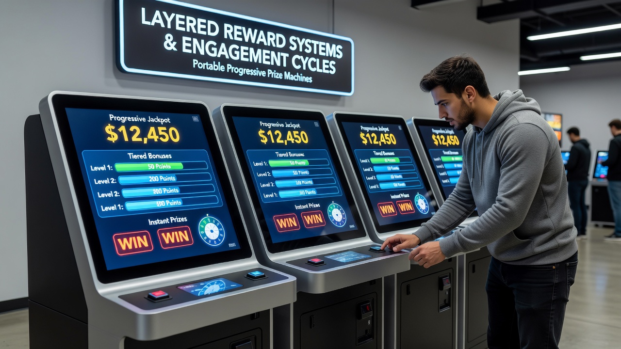 Close-up view of a portable progressive prize machine screen showing active loyalty tier progress and jackpot contribution counters