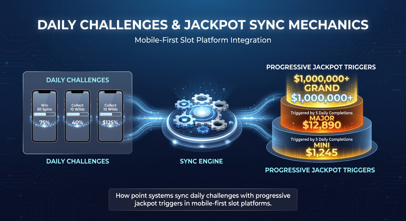 Illustration of data flow between mobile daily challenges, point ledgers, and progressive jackpot pools