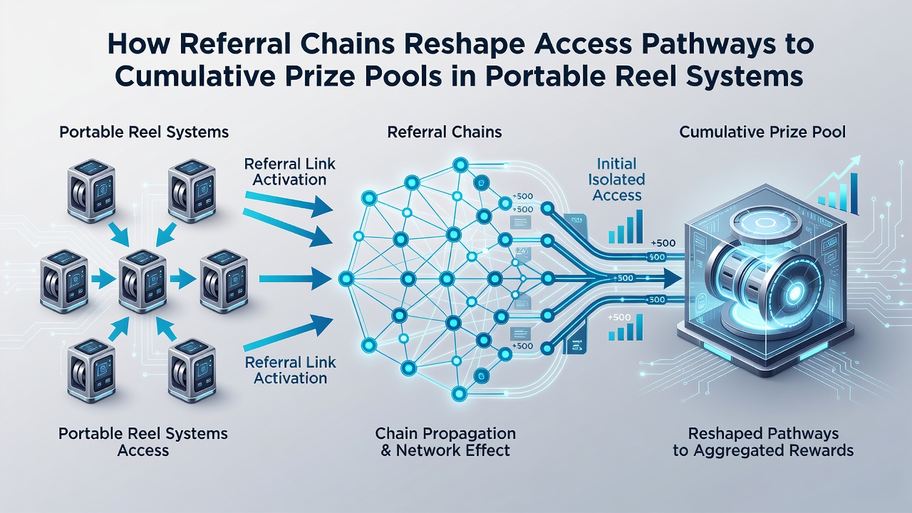 Chain progression graphics showing how referrals expand cumulative prize pool access in mobile slots