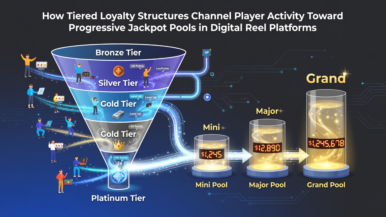 Digital reel platform interface showing loyalty tier progression and progressive jackpot meter