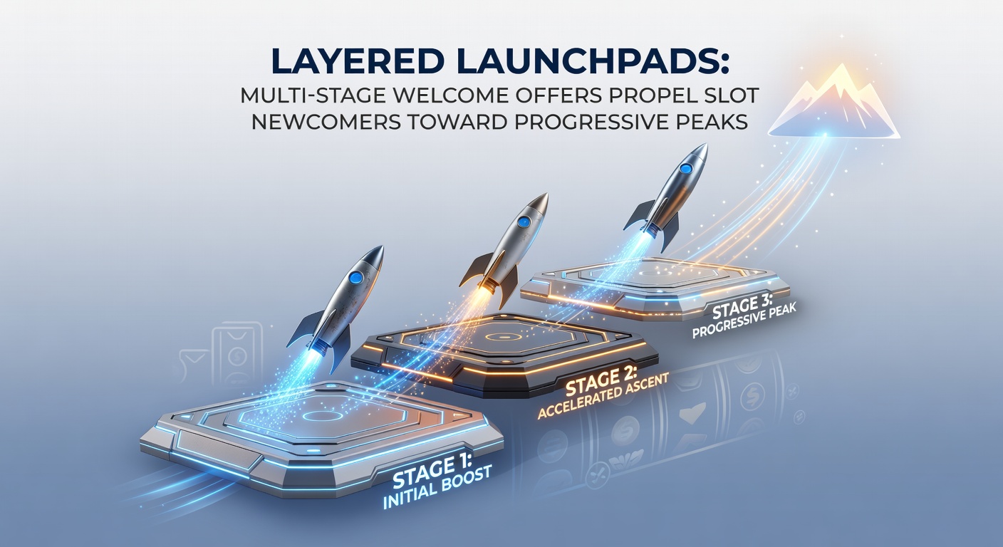 Graphic illustrating multi-stage slot bonuses climbing toward a glowing progressive jackpot peak, with layered steps showing free spins, deposits, and escalating rewards