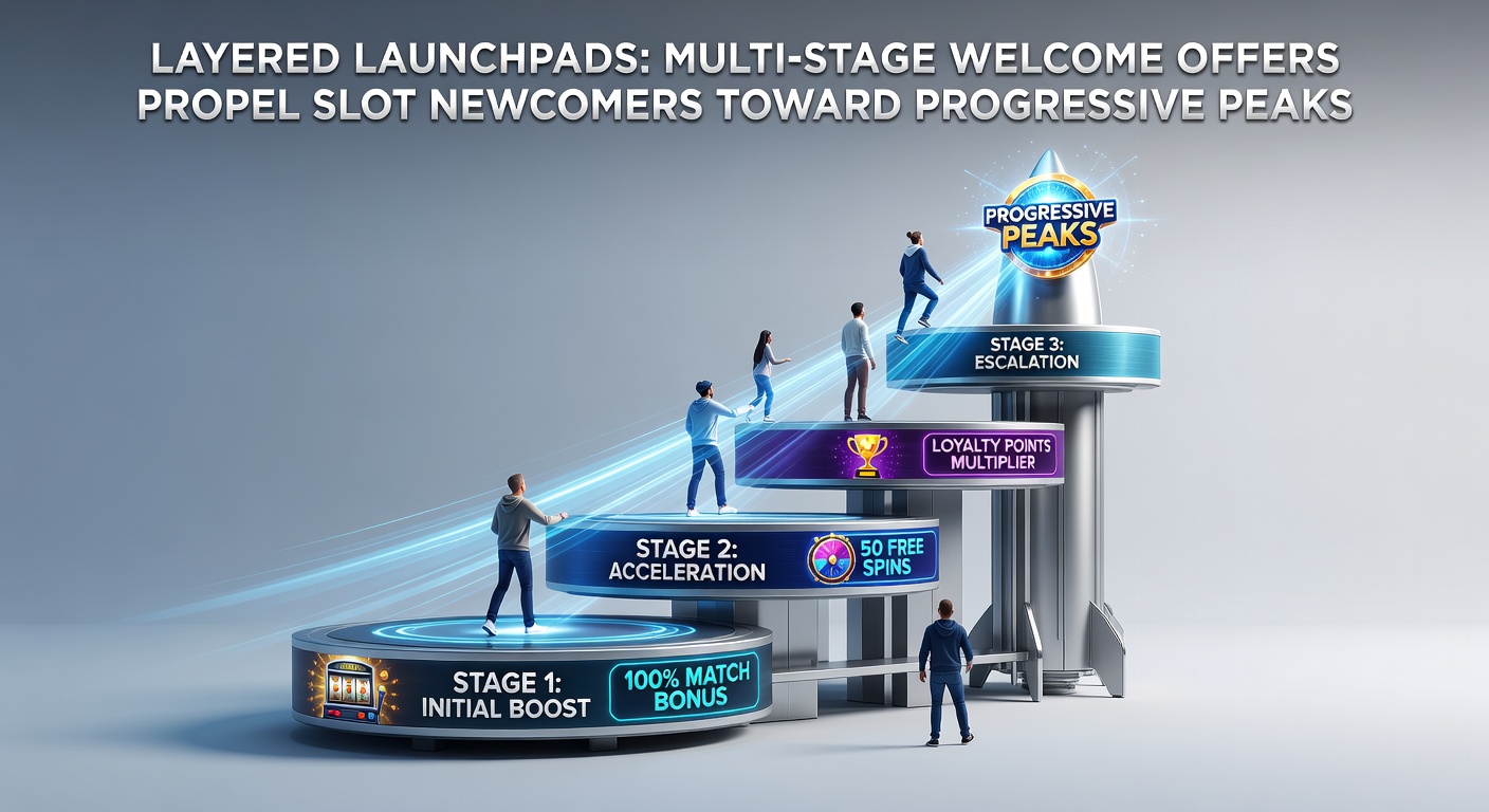 Screenshot of a casino dashboard displaying tiered welcome bonuses, with progress bars filling toward a progressive jackpot icon and stats on player advancement