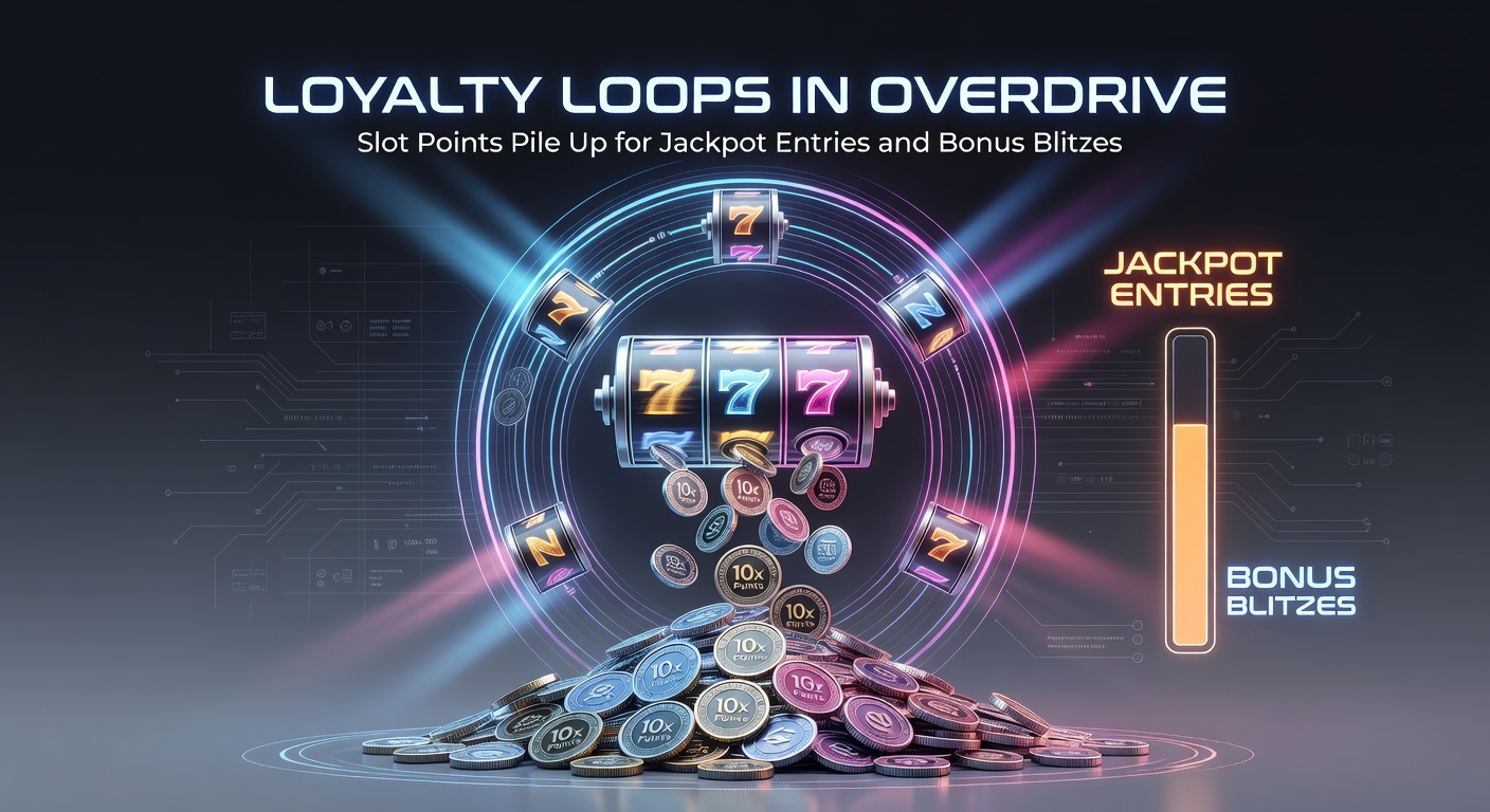 Vibrant slot machine screen displaying cascading loyalty points transforming into jackpot tickets and exploding bonus symbols, with glowing multipliers in the background