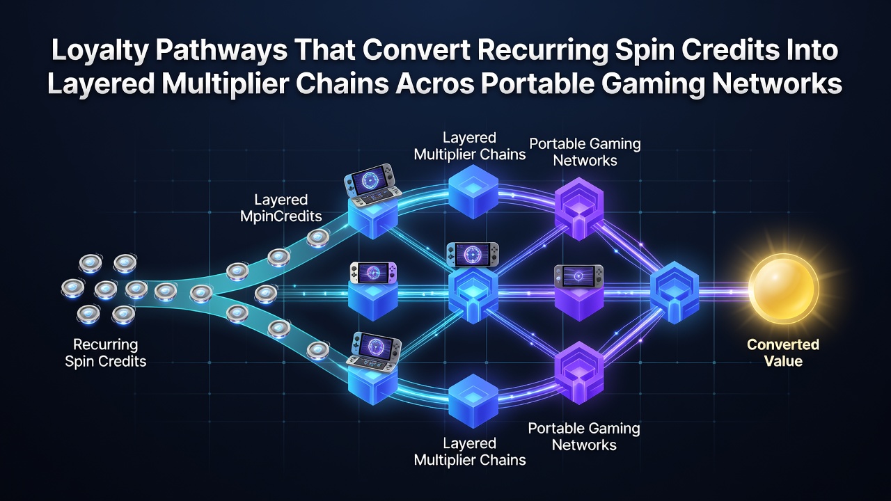 Illustration of mobile gaming loyalty pathways showing spin credits flowing into multiplier chains across portable devices