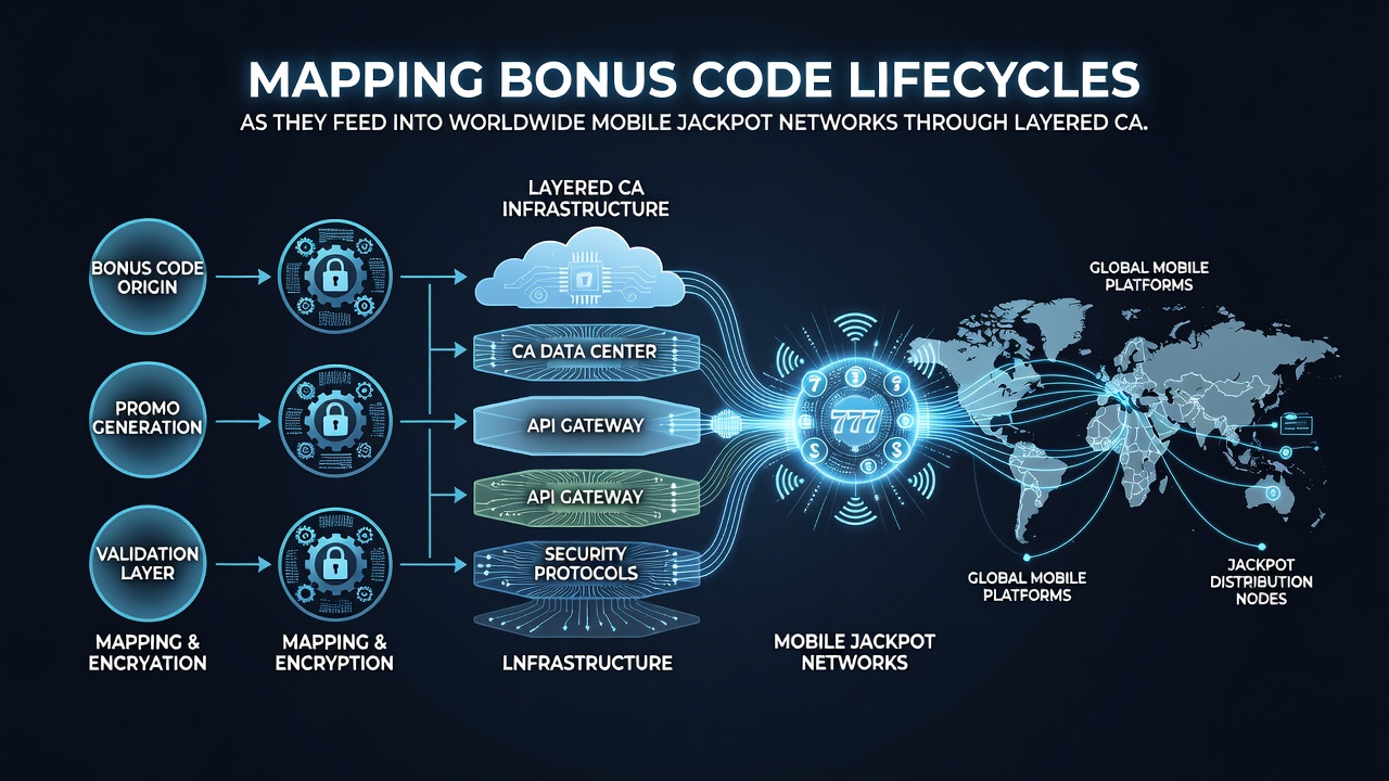 Illustration of mobile devices connected to worldwide jackpot networks via layered bonus promotions