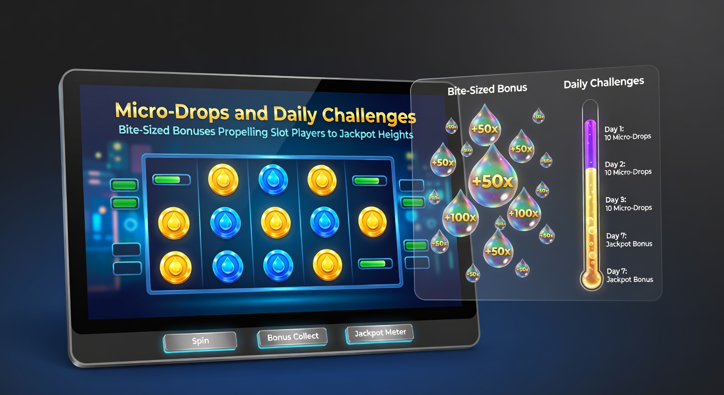 Player's mobile screen showing daily challenge progress bar filling up next to exploding jackpot symbols and micro-drop notifications