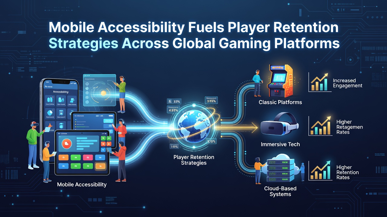 Diverse group of players using mobile devices with accessibility features enabled in a modern gaming lounge setting