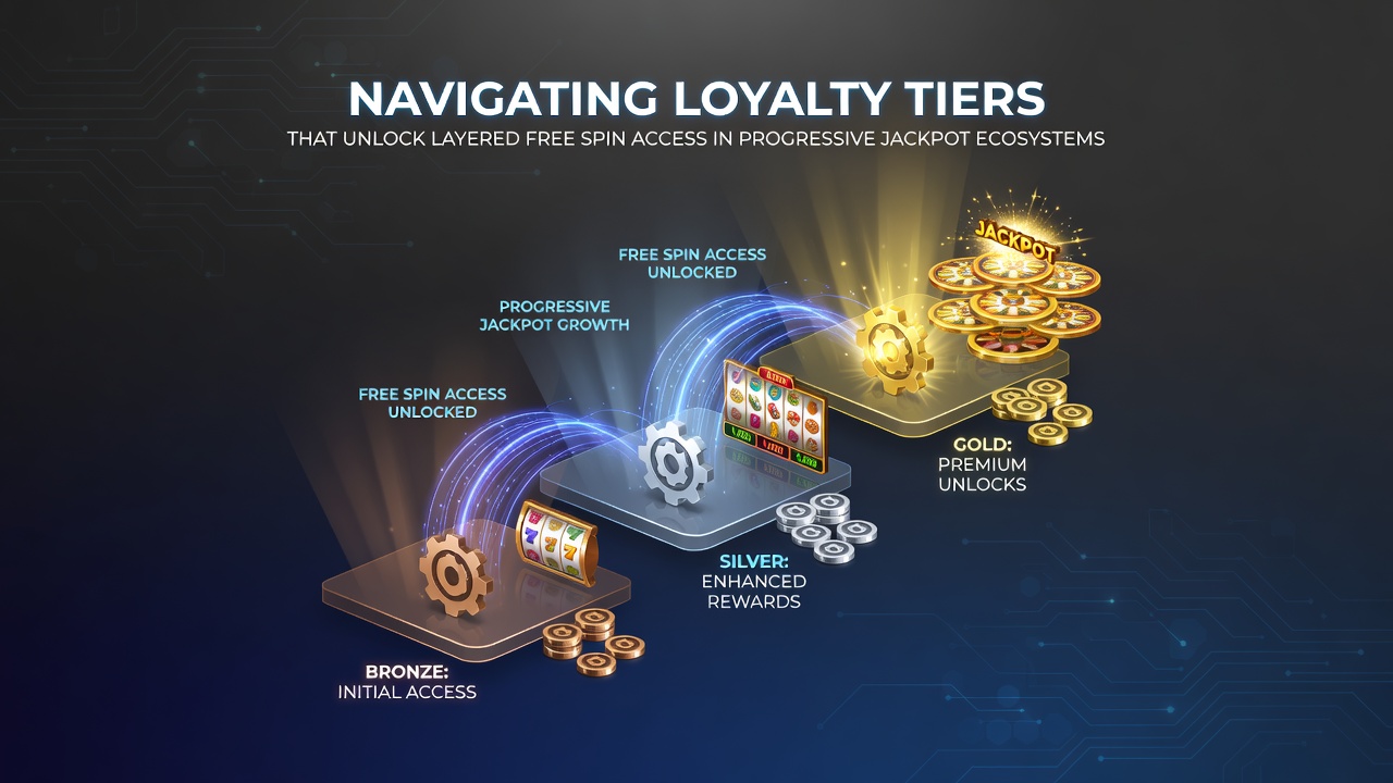 Illustration of interconnected jackpot meters with free spin icons flowing from various membership levels into the central pool