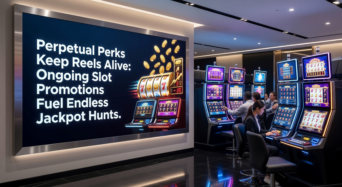 Vibrant slot reels spinning with glowing jackpot symbols and promotional banners overlayed, capturing the thrill of continuous rewards