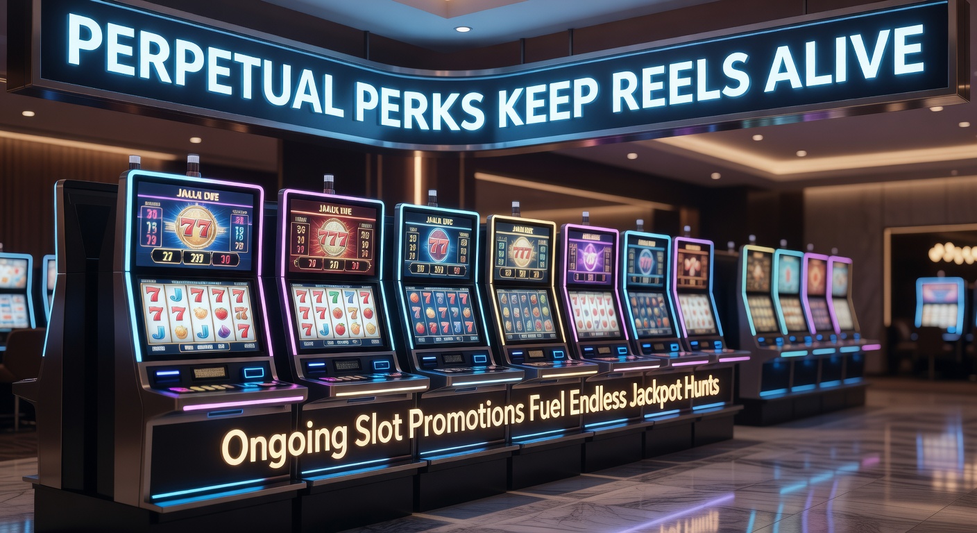 Dynamic illustration of a slot machine dashboard displaying perpetual bonus counters, loyalty tiers, and escalating jackpot totals amid colorful promotional icons