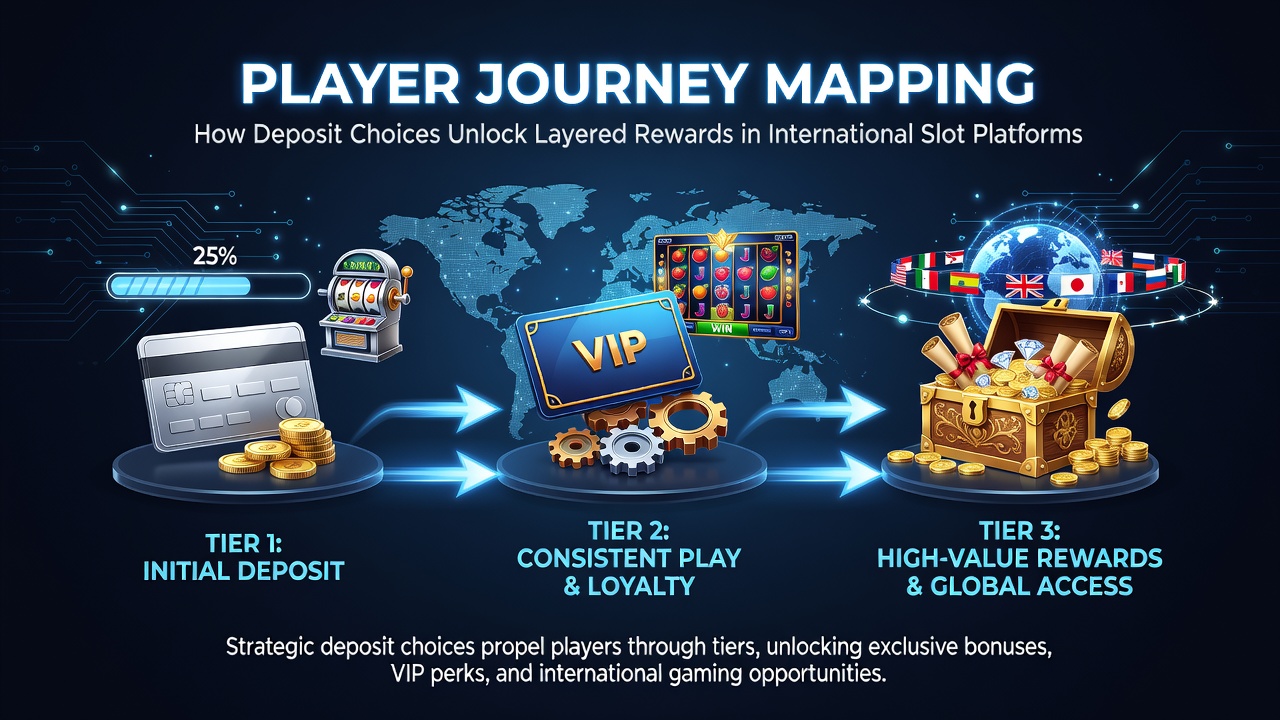Illustration of player journey stages in international slot platforms showing deposit points and reward layers