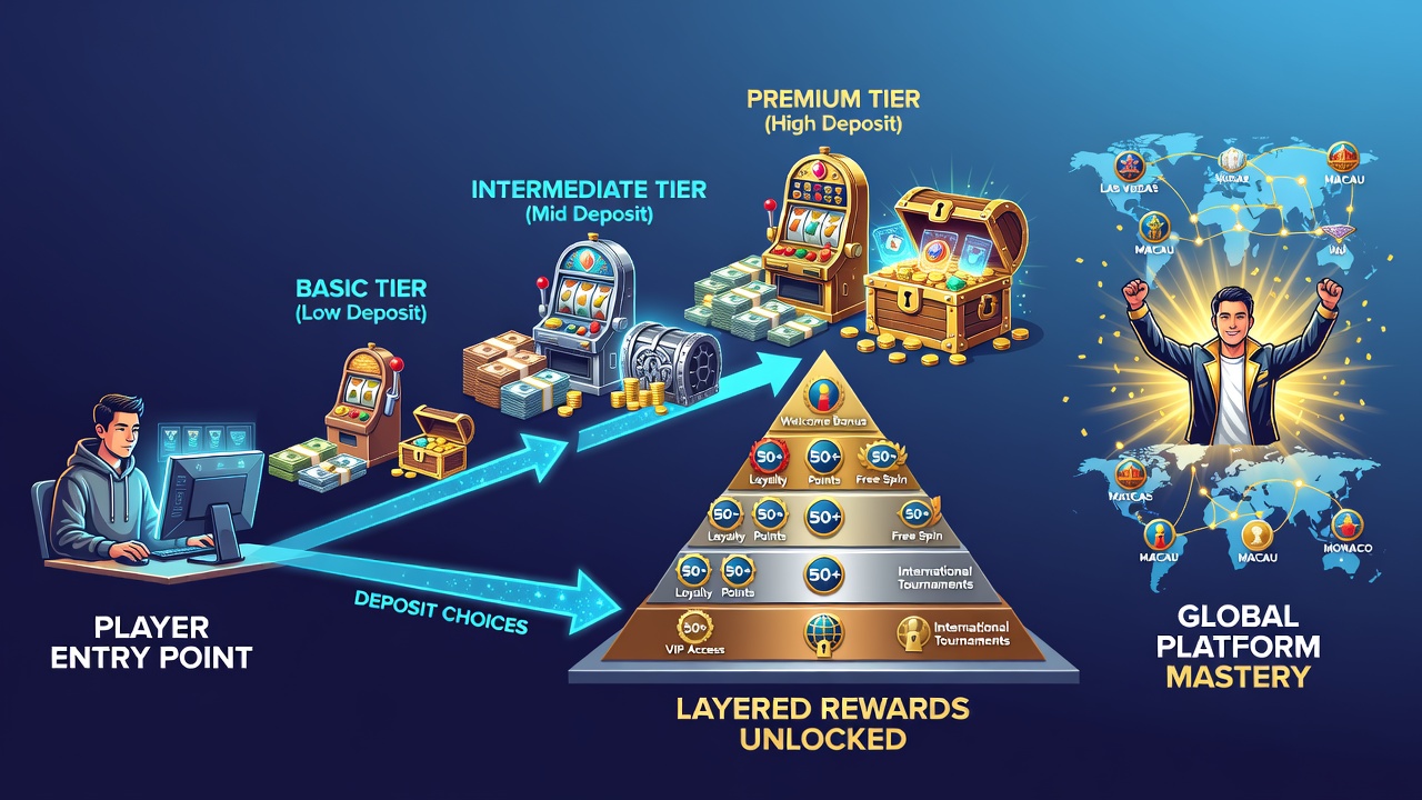 Diagram of layered reward tiers activated by deposit choices on global slot platforms