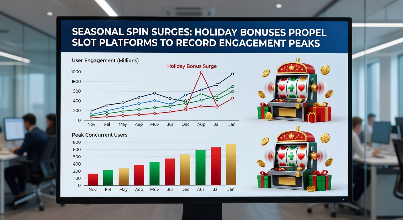 Crowded online casino lobby dashboard showing surging player counts, holiday bonus pop-ups, and climbing jackpot meters during peak season