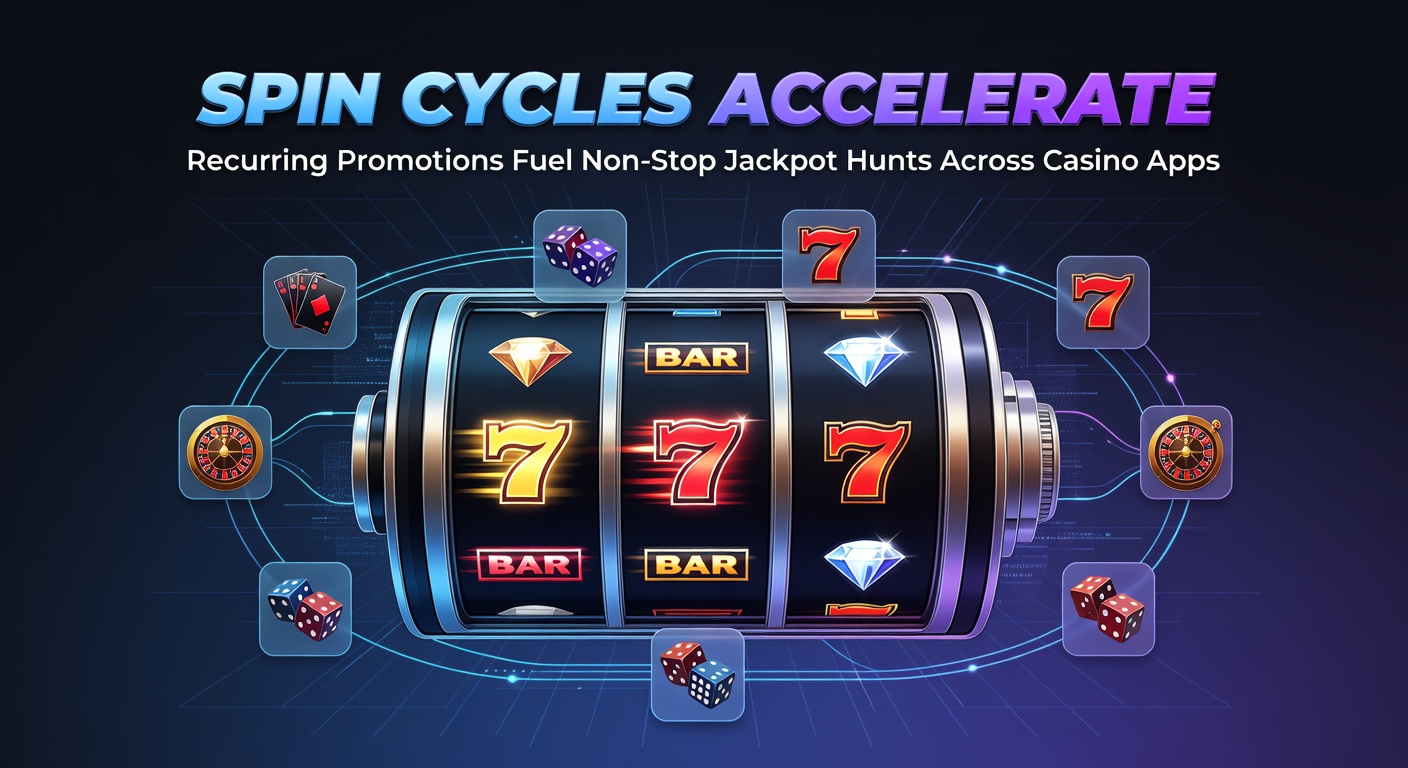 Vibrant casino app interface displaying a recurring daily spin promotion with jackpot counters ticking upward amid colorful slot reels