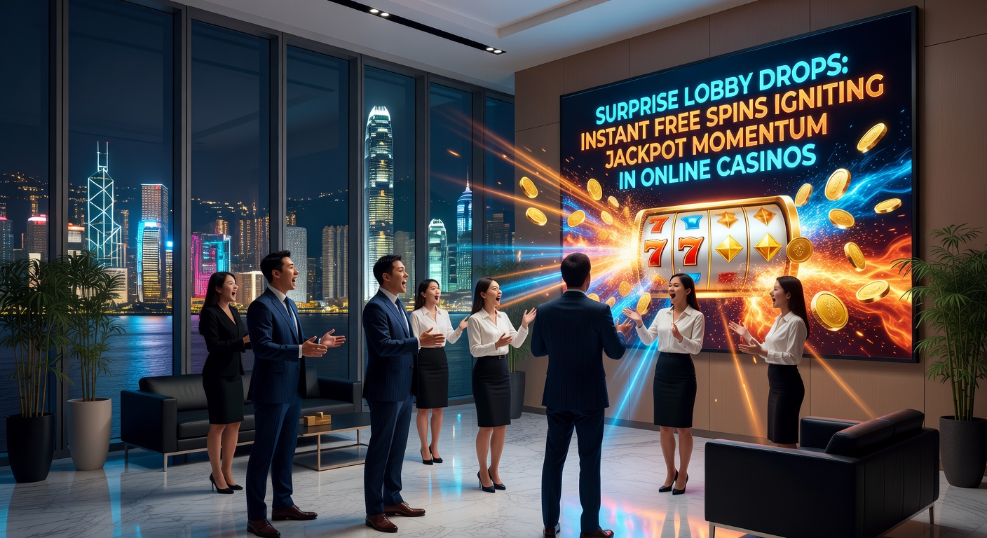 Vibrant casino lobby screen showing a surprise free spins drop notification popping up amid colorful slot reels and jackpot counters