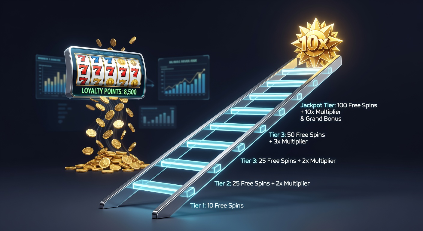 Visual representation of a glowing bonus ladder climbing through tiers of free spins toward a jackpot multiplier peak in a slot loyalty scheme